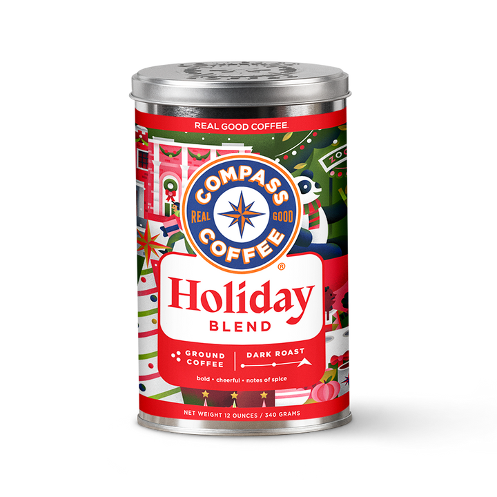 Compass Coffee DC Holiday Blend Dark Roast ground tin